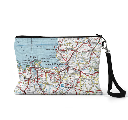 Mont Saint-Michel France map wristlet travel pouch