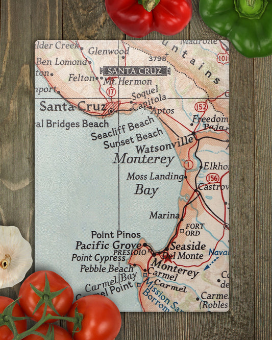Monterey Bay California Vintage Map Glass Cutting Board