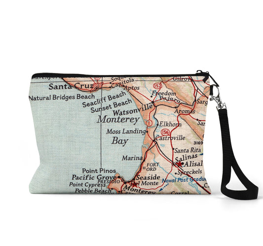 Monterey Bay California map wristlet travel pouch