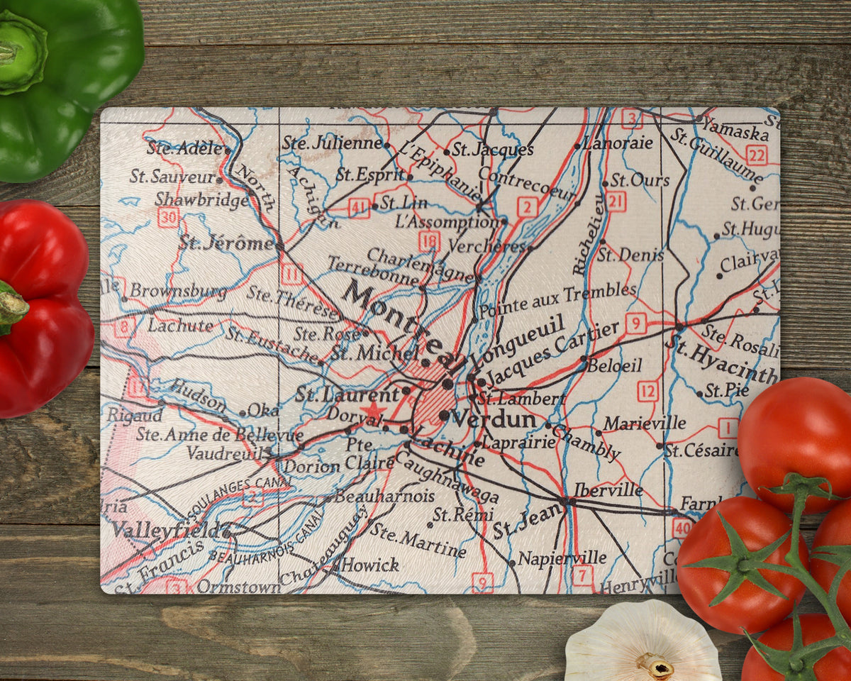 Montreal Quebec vintage map glass cutting board