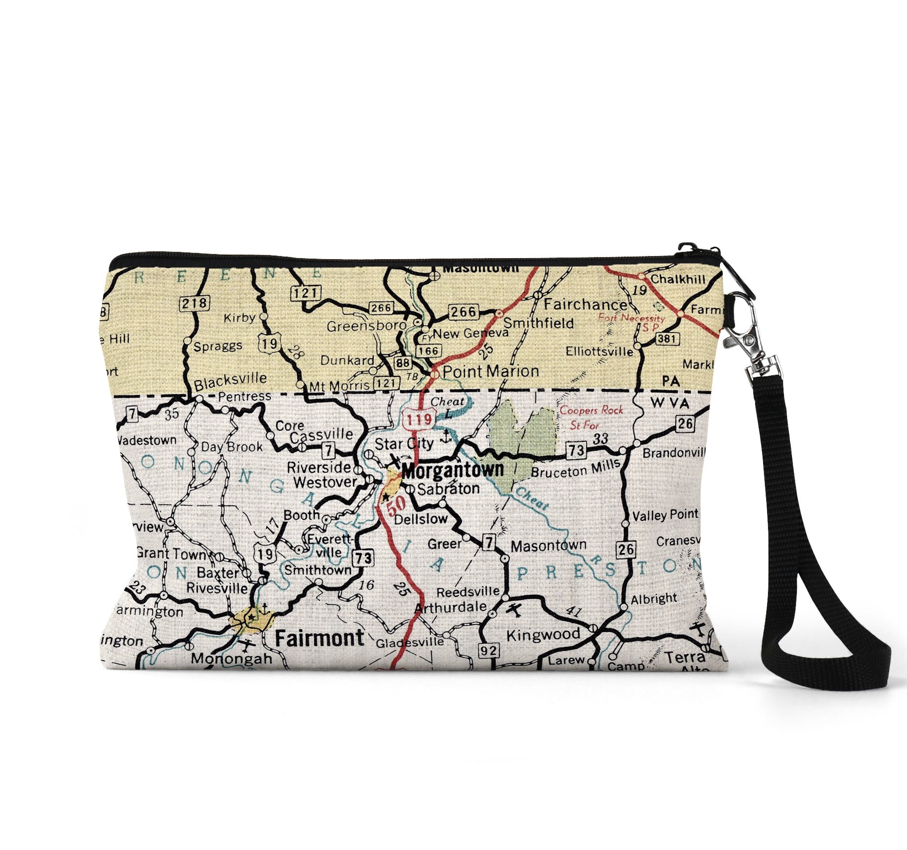 Morgantown West Virginia map wristlet travel pouch
