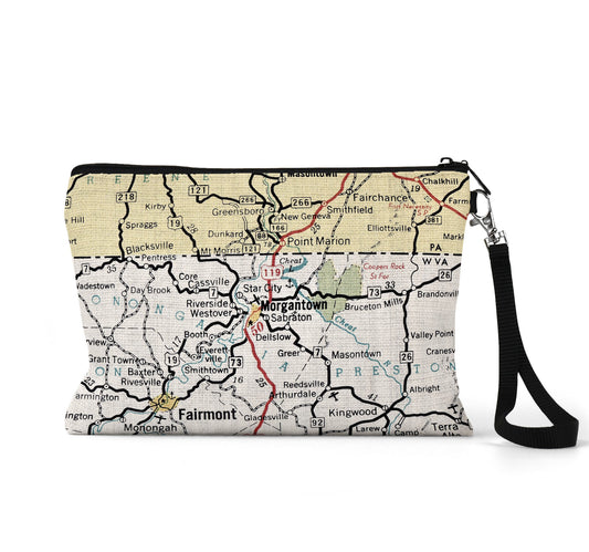 Morgantown West Virginia map wristlet travel pouch