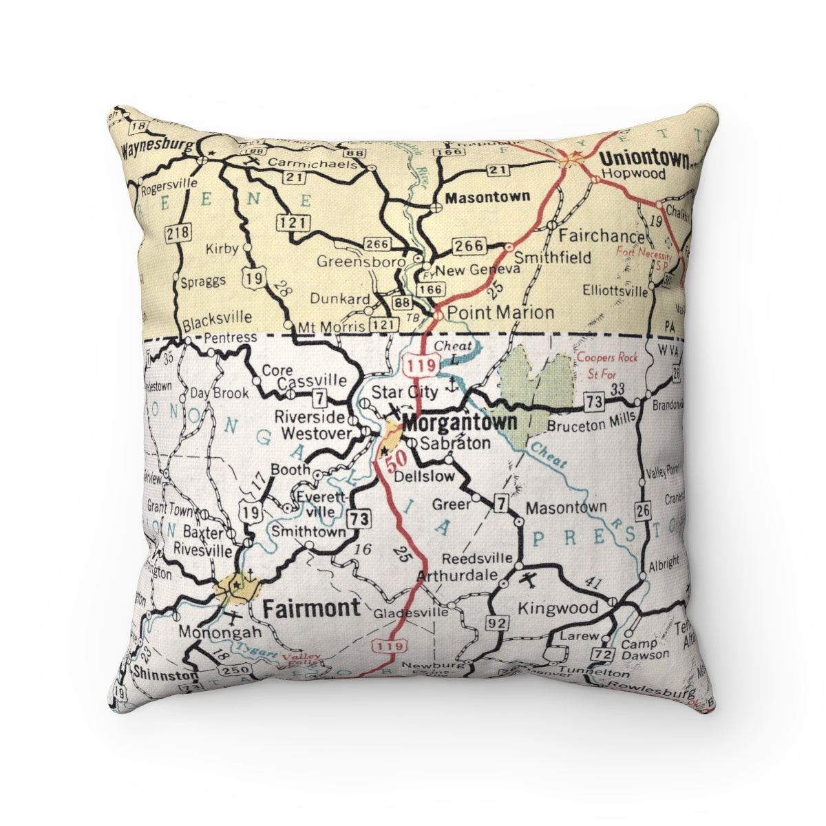 Morgantown West Virginia vintage map pillow