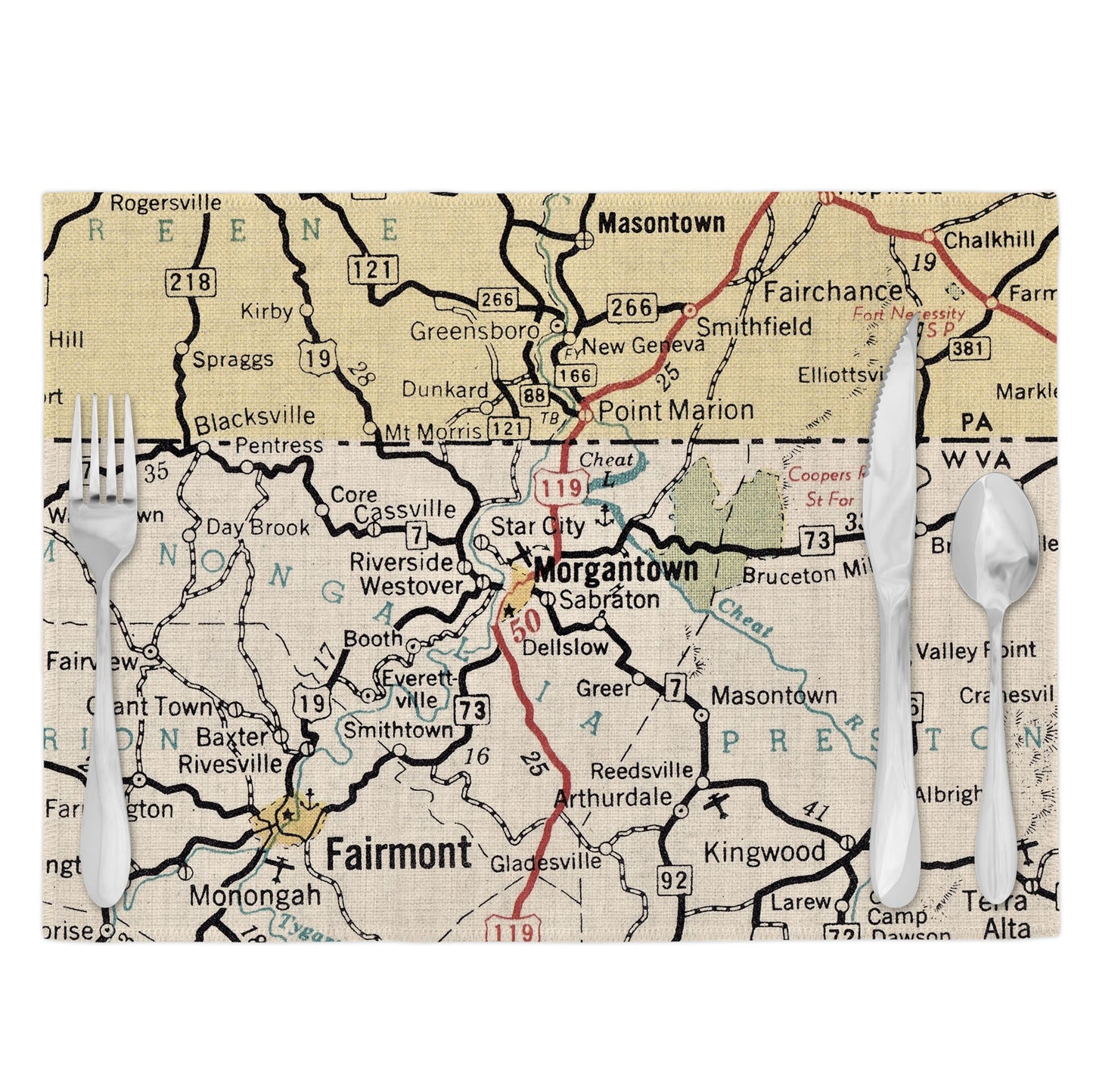 Morgantown West Virginia Vintage Map Placemats Set of 4