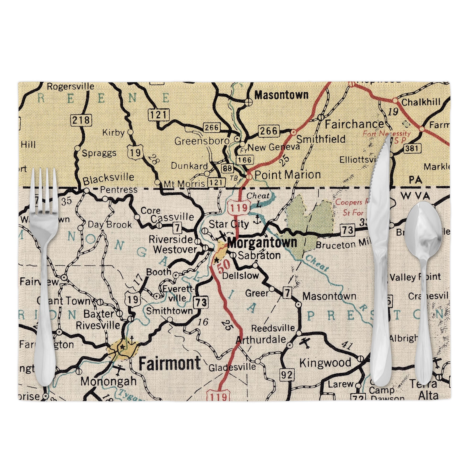 Morgantown West Virginia Vintage Map Placemats Set of 4