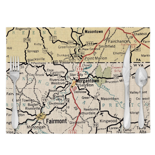 Morgantown West Virginia Vintage Map Placemats Set of 4