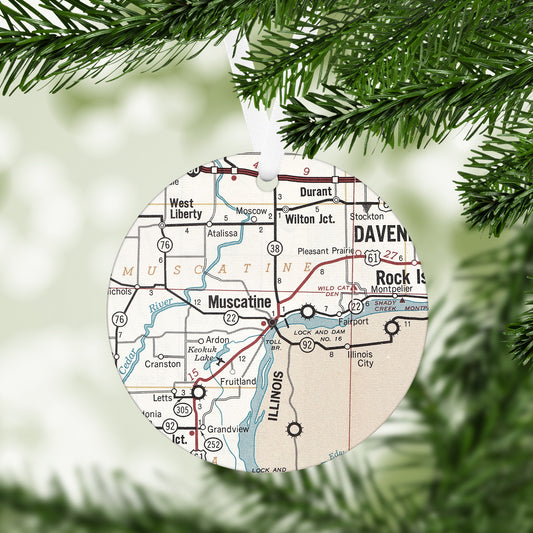 Muscatine Iowa Vintage Map Ornament