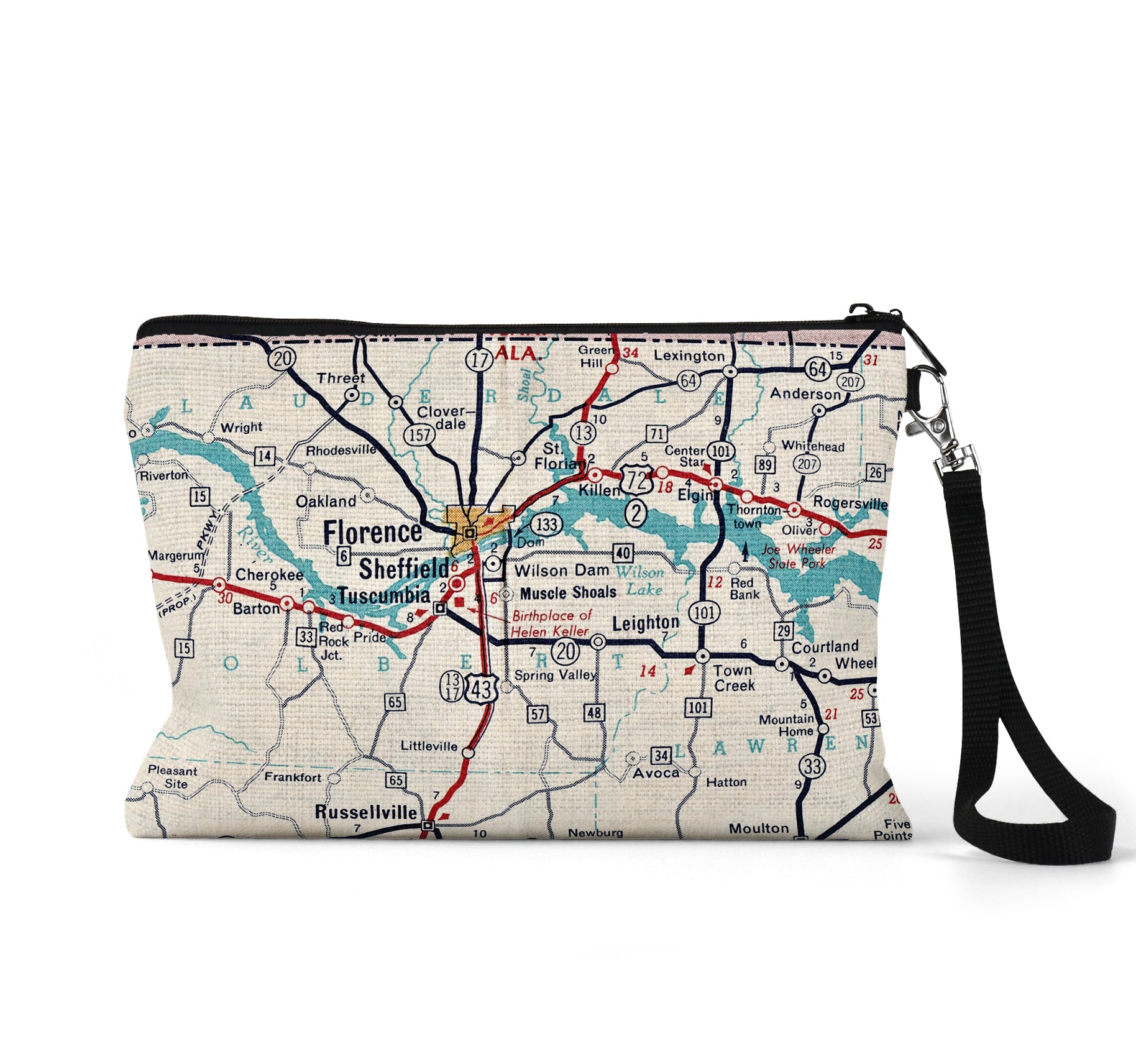 Muscle Shoals map wristlet travel pouch