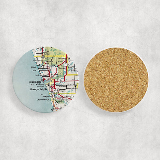 Muskegon Michigan Map Coasters | Set of 4 Vintage Muskegon Michigan Drink Coasters | Travel-Inspired Home Decor