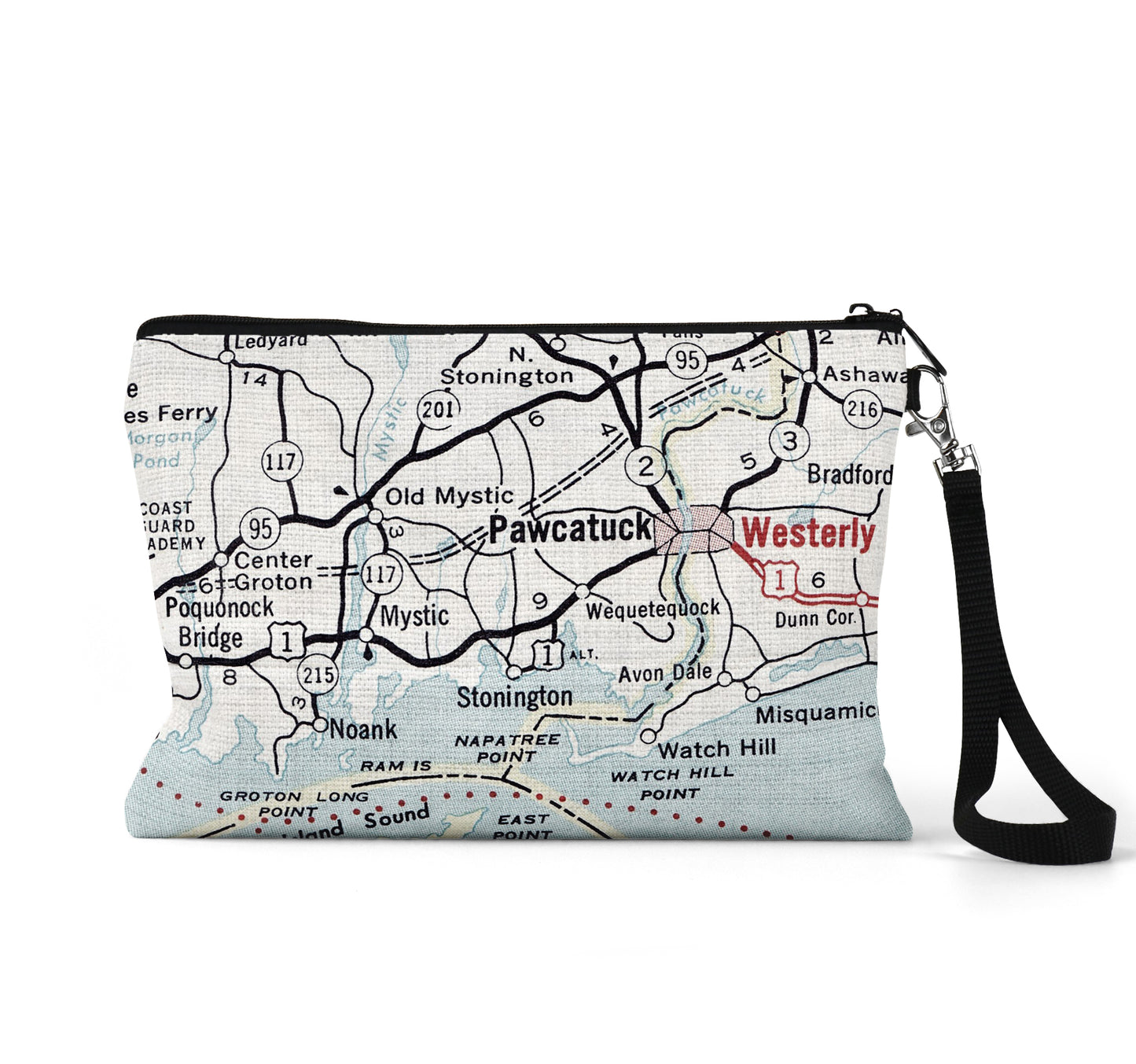 Mystic Connecticut map wristlet travel pouch