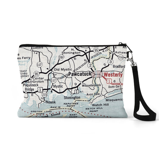 Mystic Connecticut map wristlet travel pouch