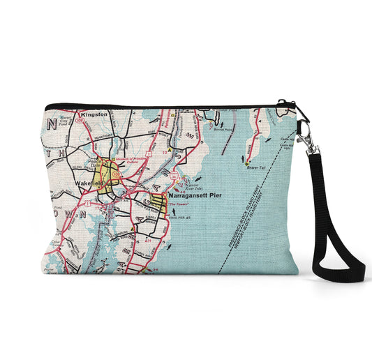 Narragansett Rhode Island map wristlet travel pouch