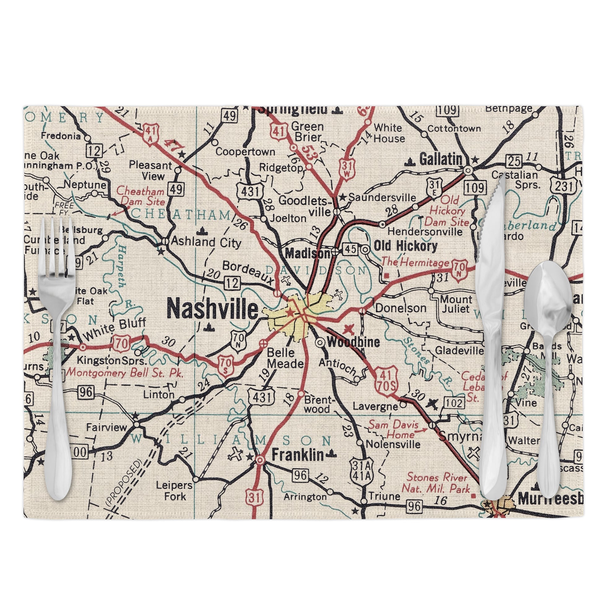 Nashville Tennessee Vintage Map Placemats Set of 4