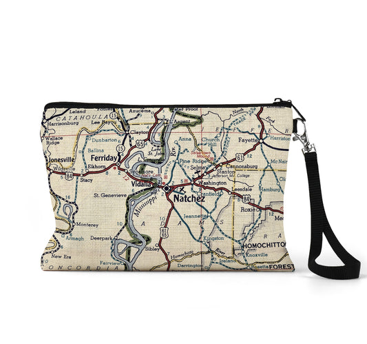 Natchez Mississippi map wristlet travel pouch