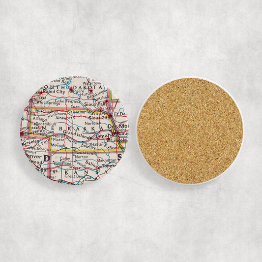 Nebraska Map Coasters | Set of 4 Vintage Nebraska Drink Coasters | Travel-Inspired Home Decor
