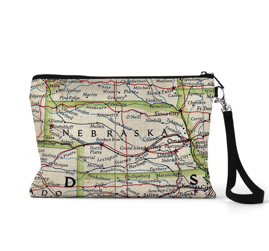 Nebraska map wristlet travel pouch