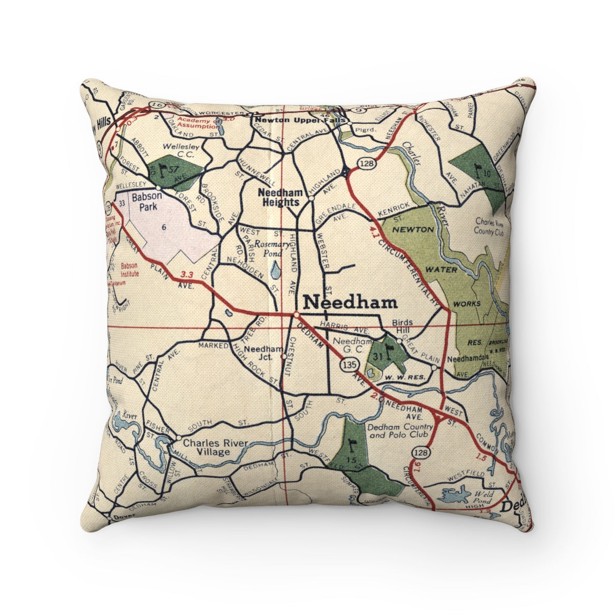 Needham Massachusetts vintage map pillow