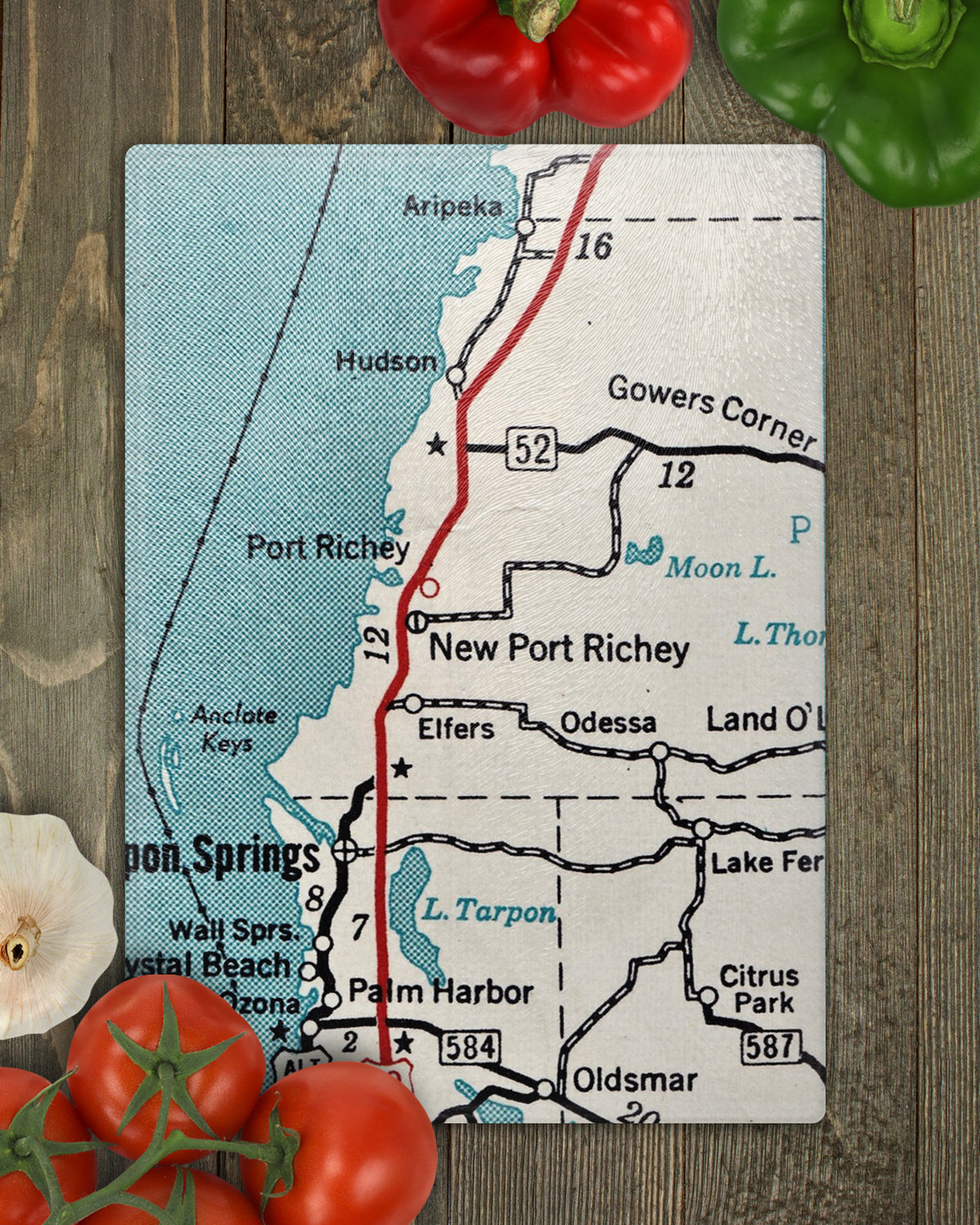 New Port Richey Florida Vintage Map Glass Cutting Board | Beach House Gift