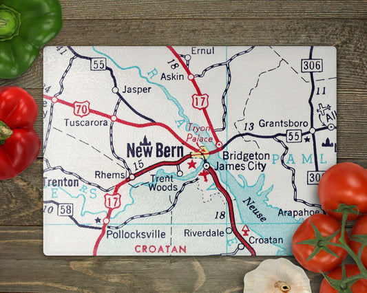 New Bern North Carolina Vintage Map Glass Cutting Board | Kitchen Decor | Dishwasher Safe