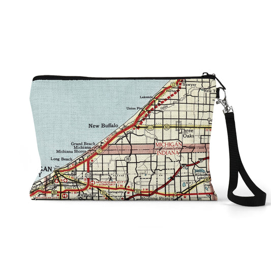 New Buffalo Michigan map wristlet travel pouch