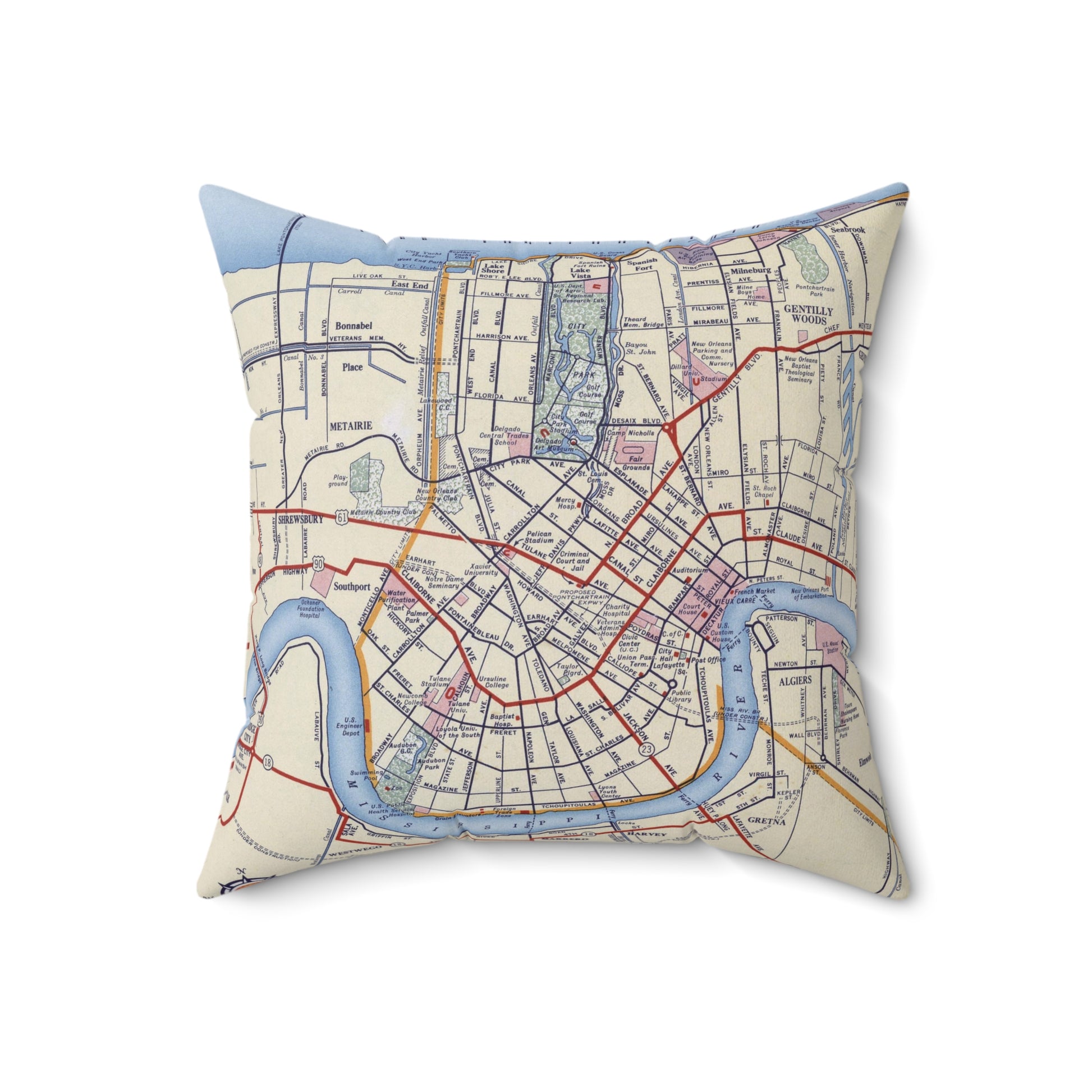 New Orleans Louisiana vintage map pillow