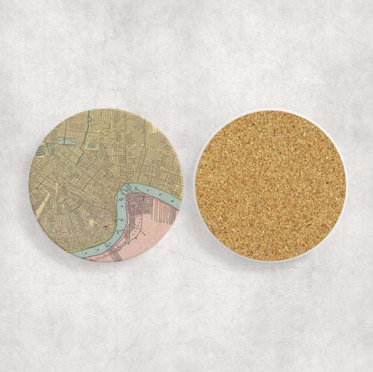 New Orleans Louisiana Map Coasters | Set of 4 Vintage New Orleans Louisiana Drink Coasters | Travel-Inspired Home Decor