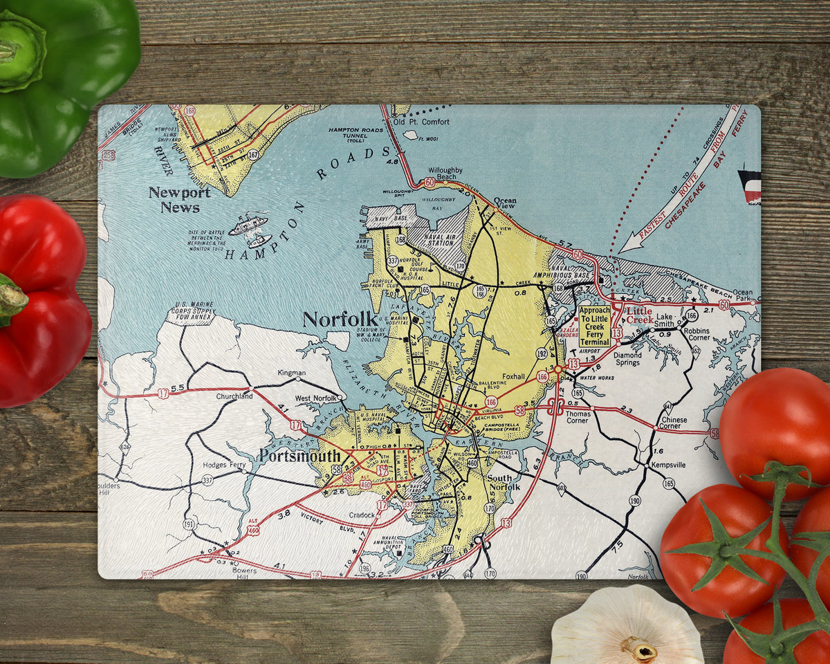 Norfolk Virginia Vintage Map Glass Cutting Board