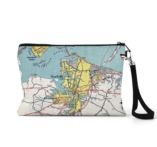 Norfolk Virginia map wristlet travel pouch