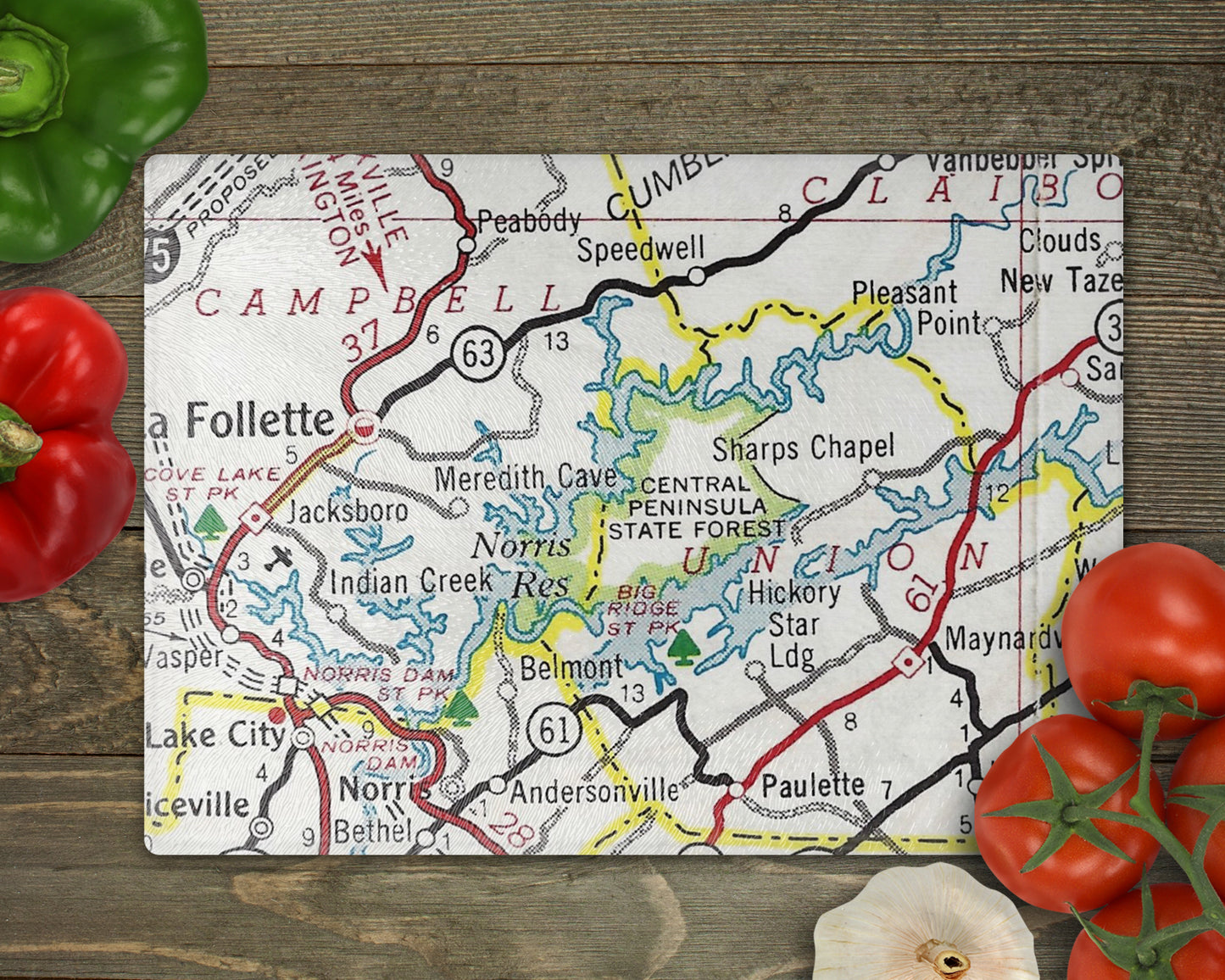Norris Lake Tennessee Vintage Map Glass Cutting Board