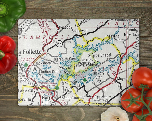 Norris Lake Tennessee Vintage Map Glass Cutting Board