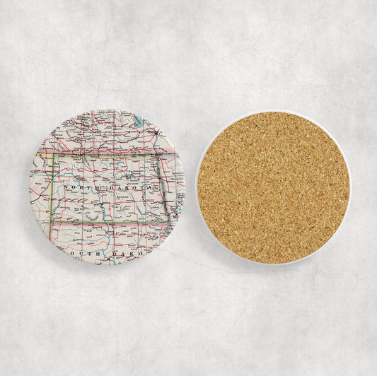 North Dakota Map Coasters | Set of 4 Vintage North Dakota Drink Coasters | Travel-Inspired Home Decor