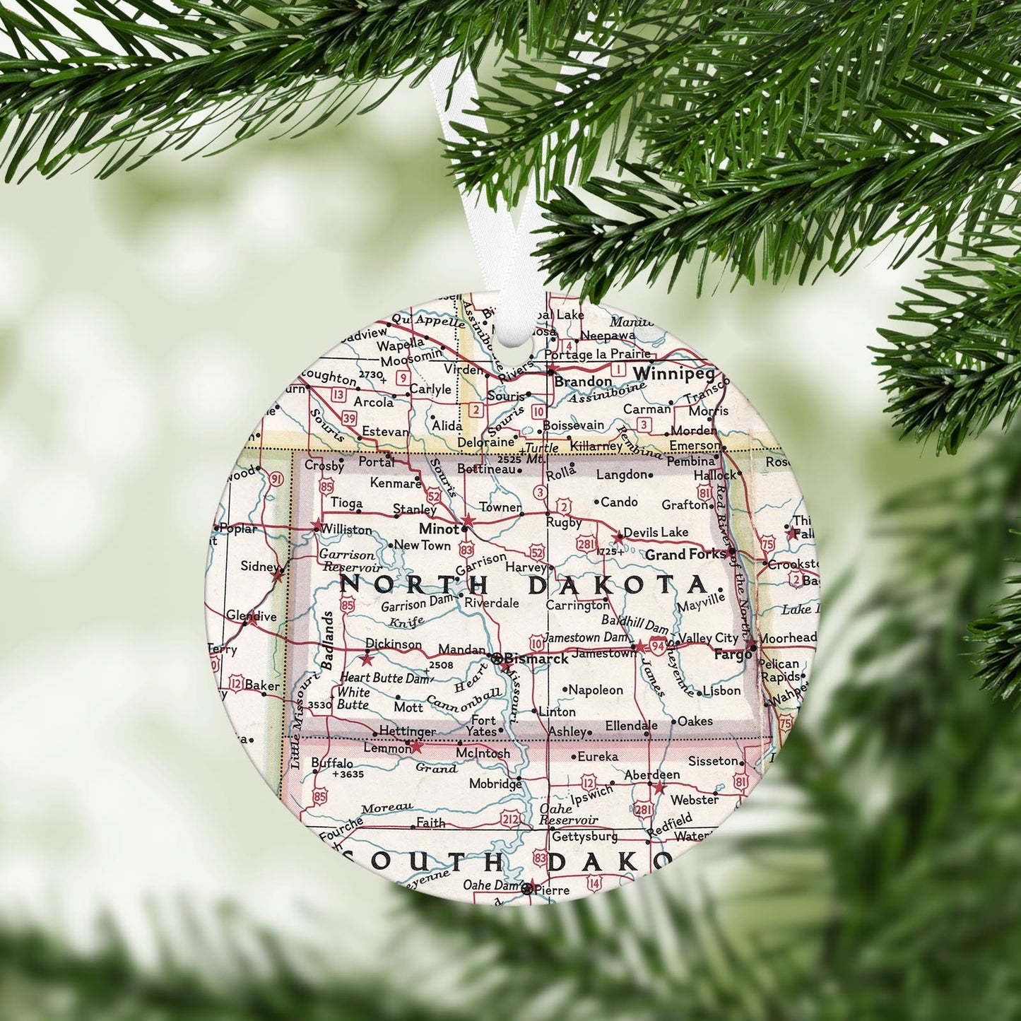 North Dakota Vintage Map Ornament