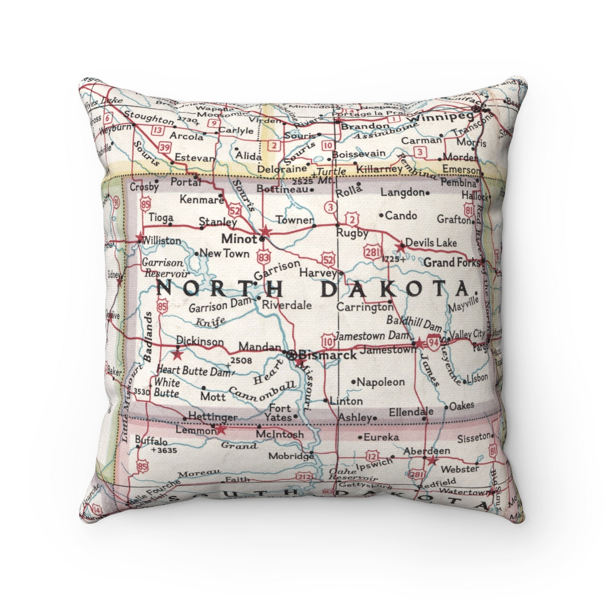 North Dakota vintage map pillow