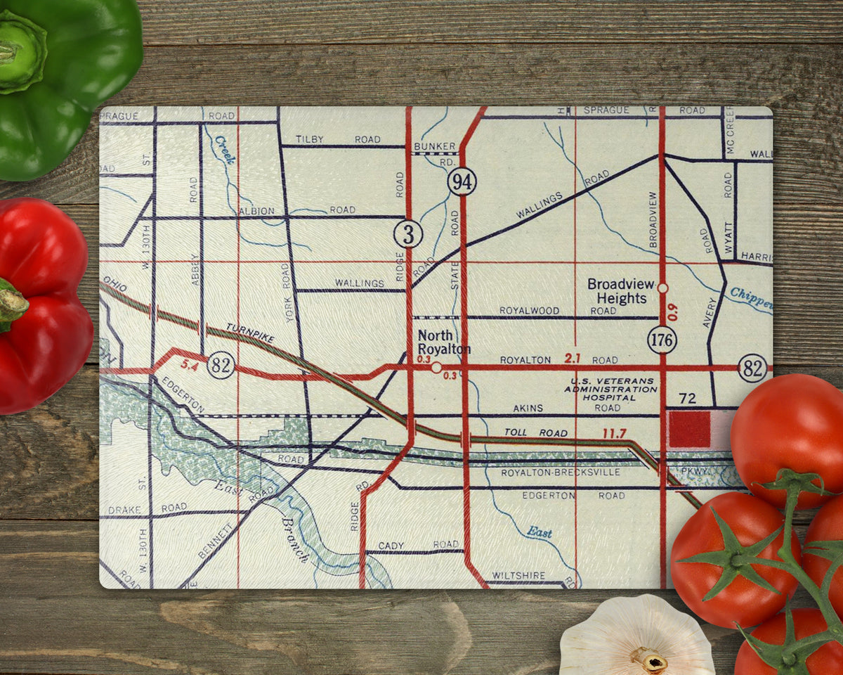 North Royalton Ohio Vintage Map Glass Cutting Board