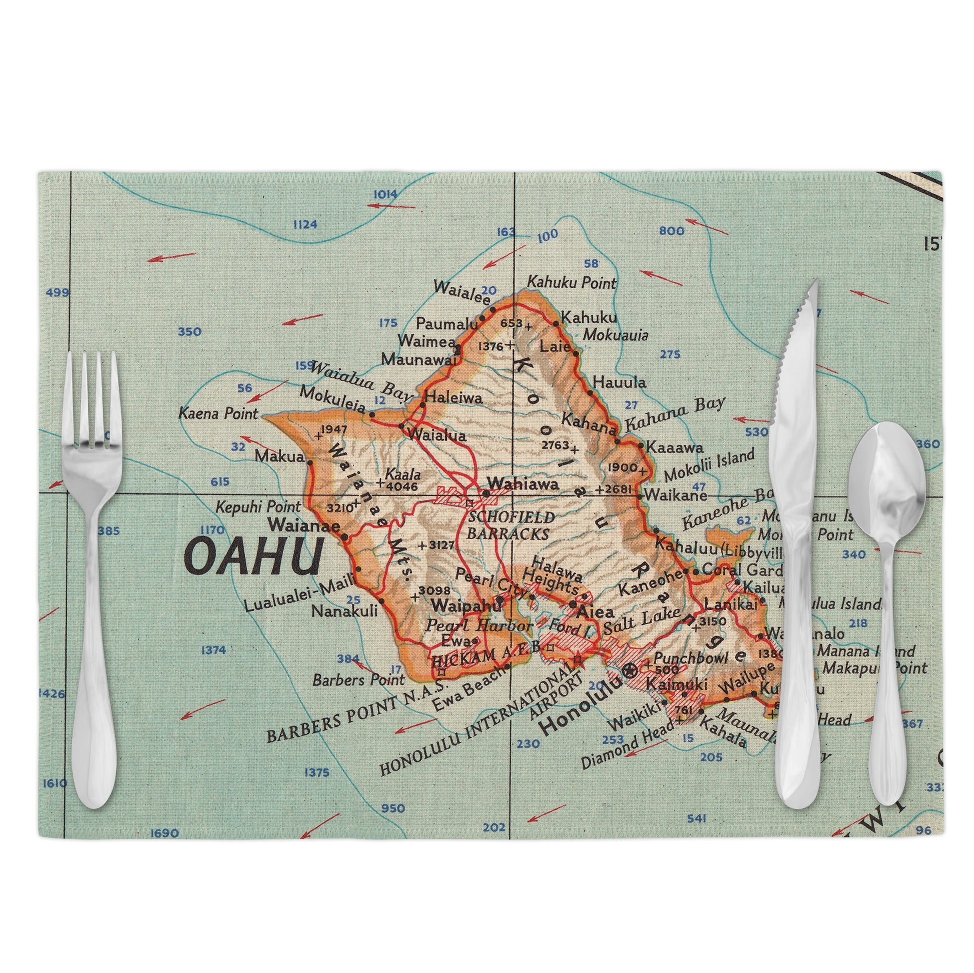 Oahu Hawaii Vintage Map Placemats Set of 4