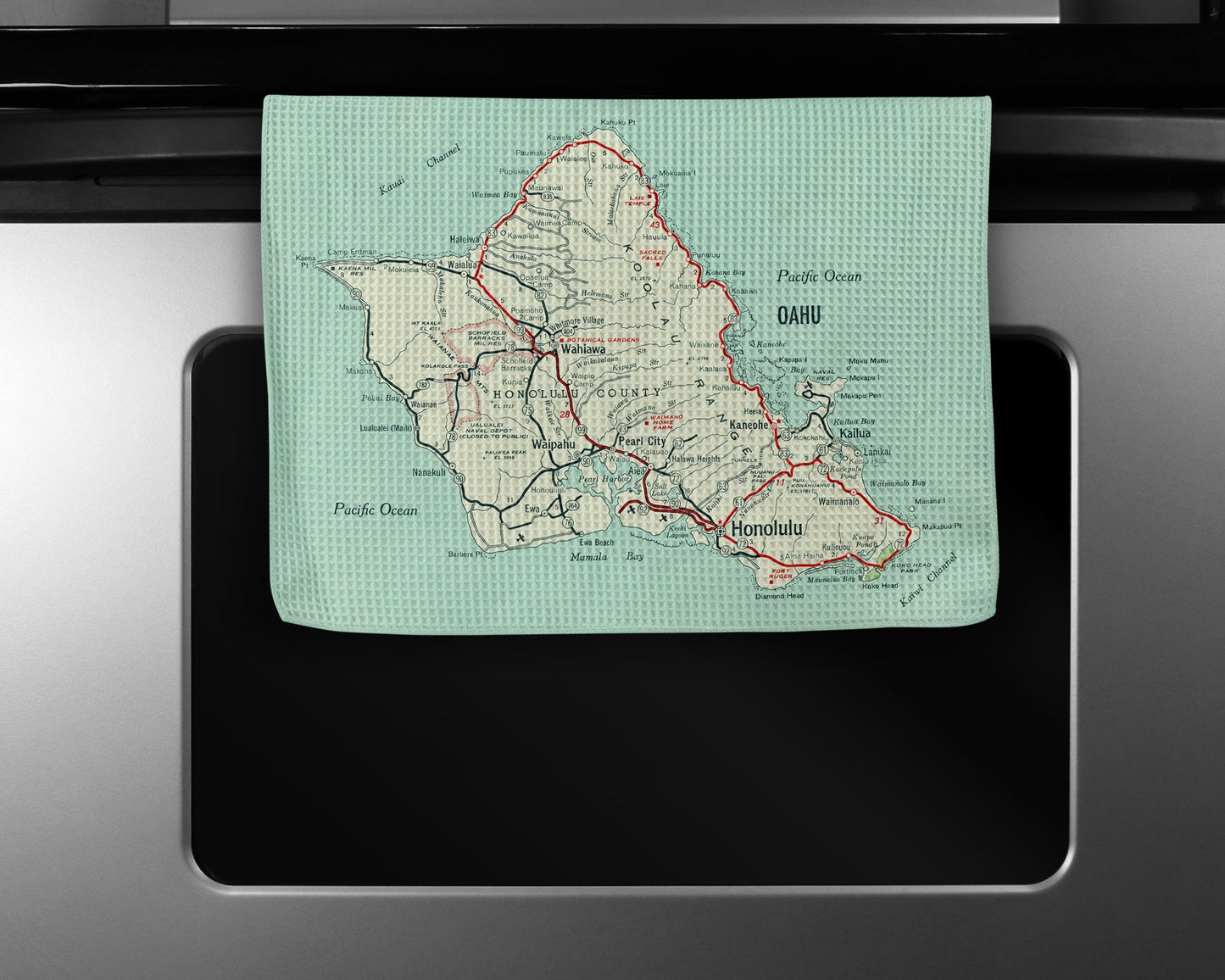 Oahu Hawaii Map Tea Towel | Waffle-Weave Kitchen Towel Gift