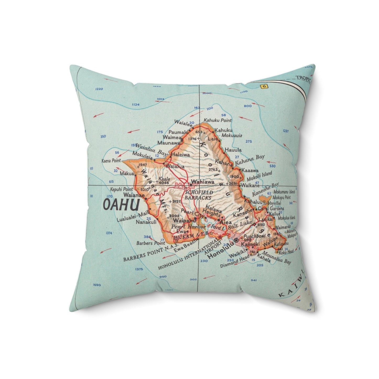 Oahu Hawaii vintage map pillow