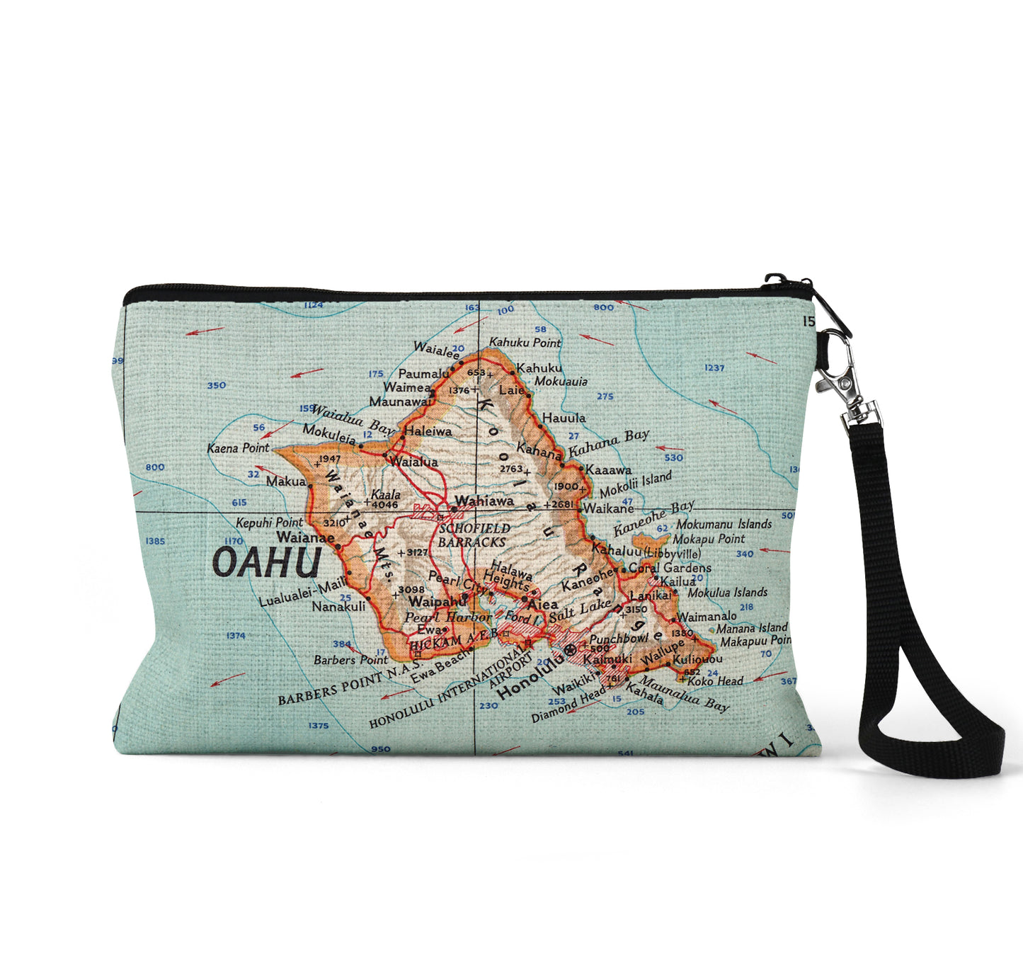Oahu Hawaii map wristlet travel pouch