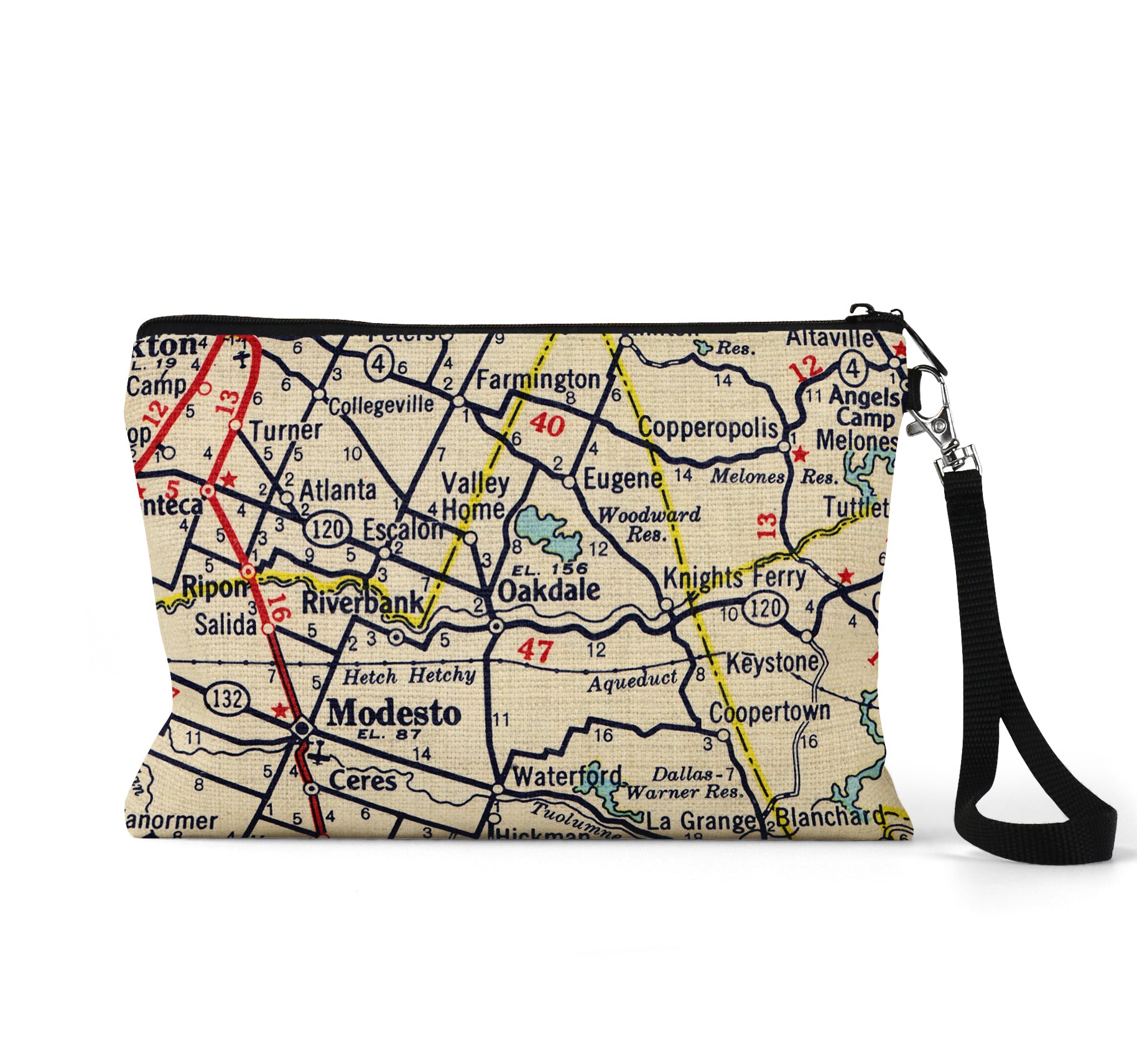 Oakdale California map wristlet travel pouch