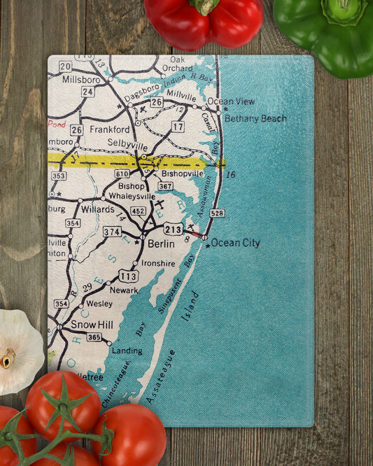 Ocean City Maryland Vintage Map Glass Cutting Board