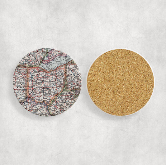 Ohio Map Coasters | Set of 4 Vintage Ohio Drink Coasters | Travel-Inspired Home Decor