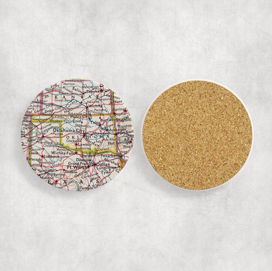 Oklahoma Map Coasters | Set of 4 Vintage Oklahoma Drink Coasters | Travel-Inspired Home Decor