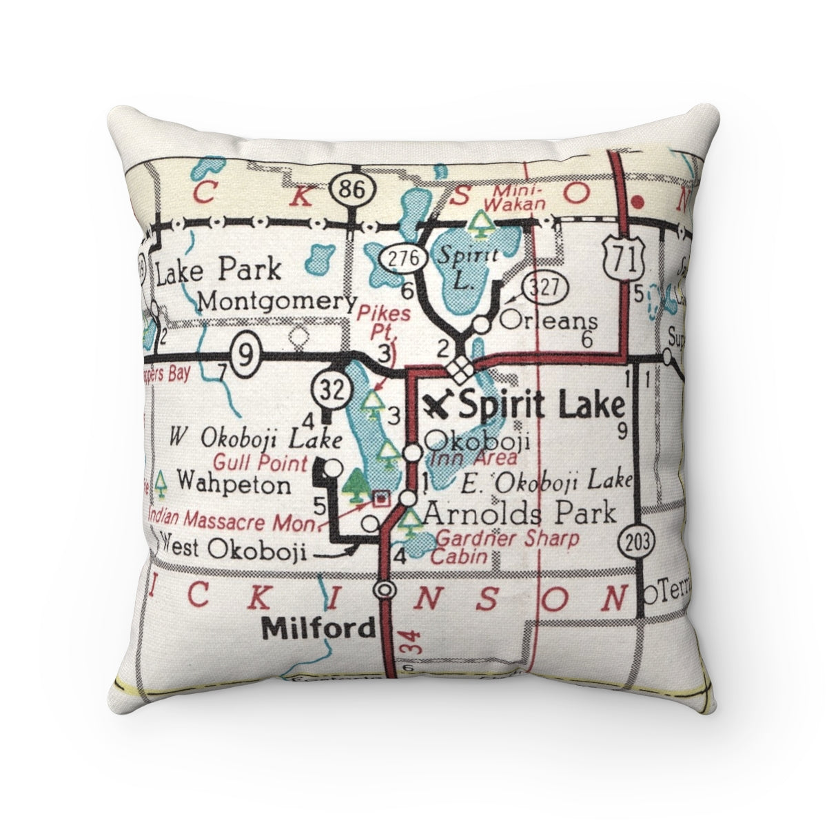 Okoboji Iowa vintage map pillow