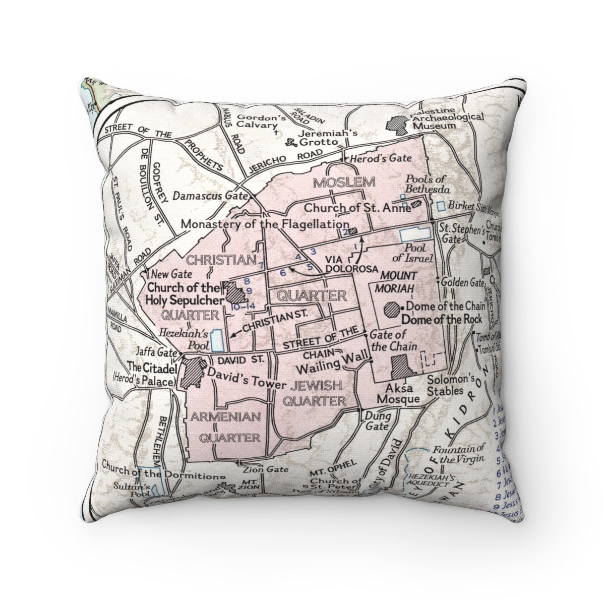 Old City of Jerusalem vintage map pillow