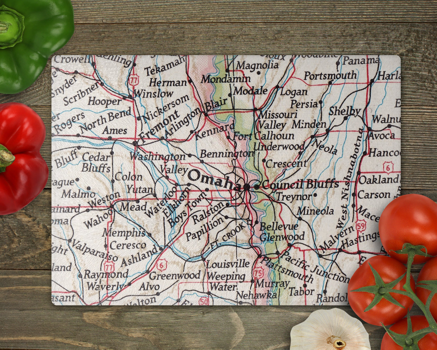 Omaha Nebraska vintage map glass cutting board featuring Council Bluffs, Bellevue, Papillion and surrounding Omaha metro communities