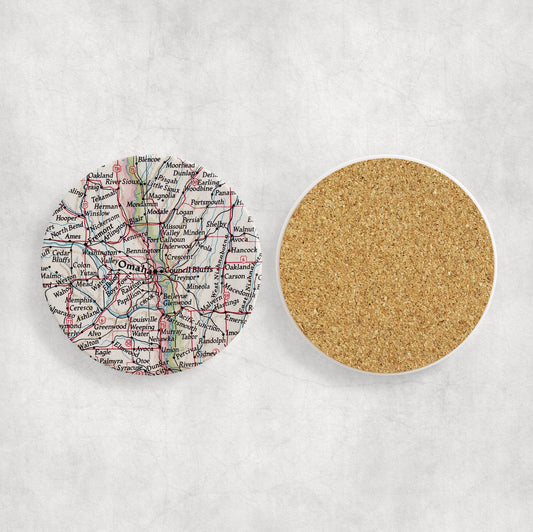 Omaha Nebraska Map Coasters | Set of 4 Vintage Omaha Nebraska Drink Coasters | Travel-Inspired Home Decor
