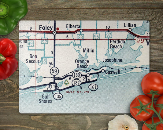 Orange Beach Alabama Vintage Map Glass Cutting Board | Coastal Kitchen Decor | Beach House Gift