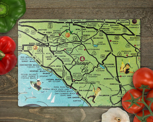 Orange County California Vintage Map Glass Cutting Board