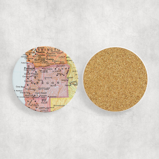 Oregon Map Coasters | Set of 4 Vintage Oregon Drink Coasters | Travel-Inspired Home Decor