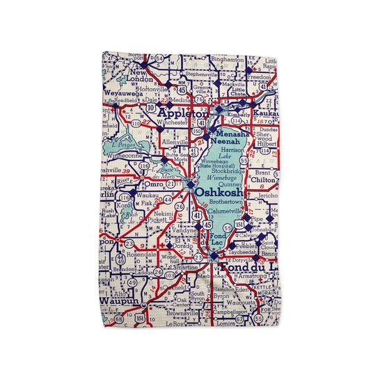 Oshkosh Wisconsin Map Tea Towel | Waffle-Weave Kitchen Towel Gift